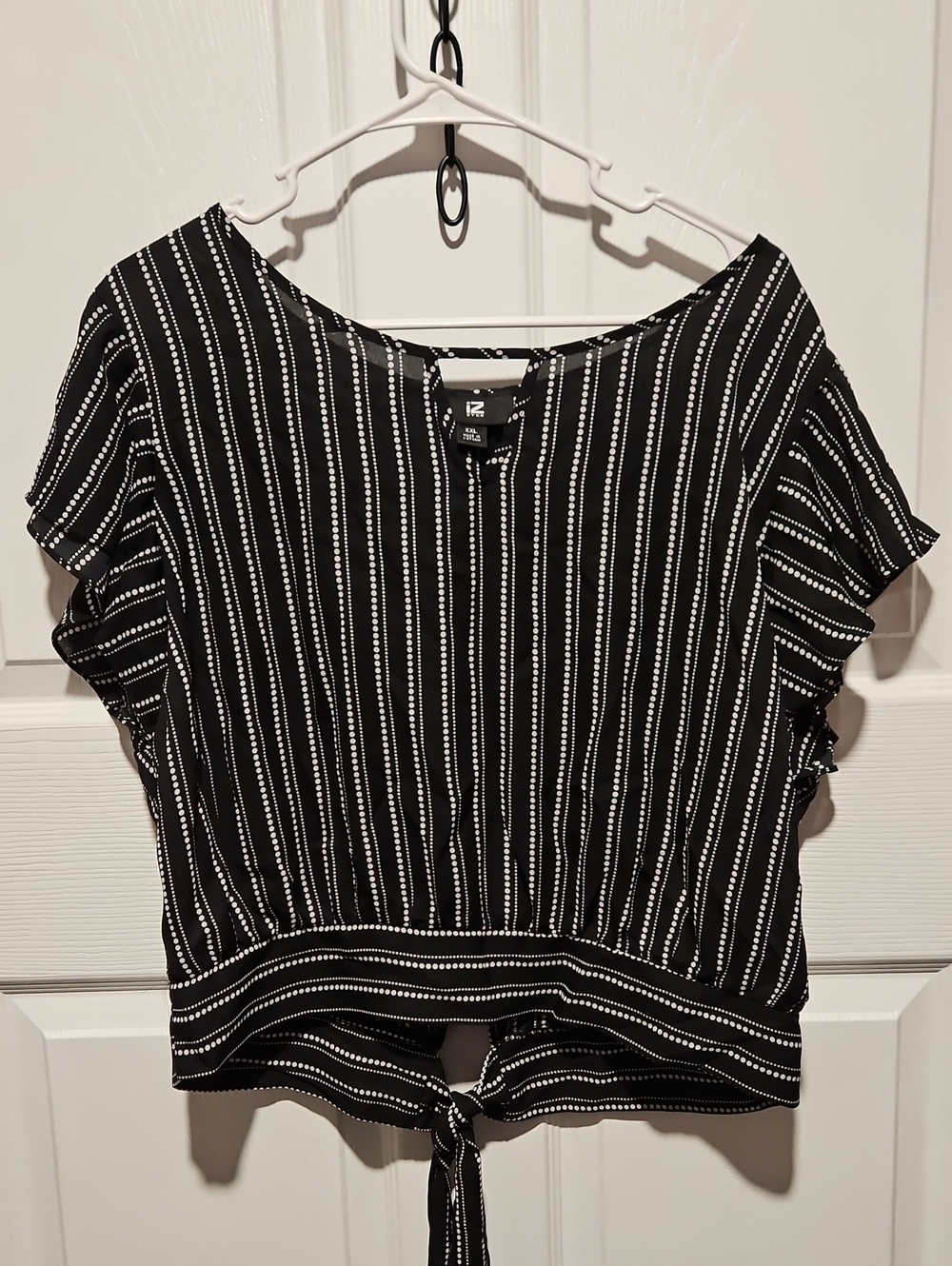 Iz Byer Black and White Vertical-Strip Tie In Back Crop Top